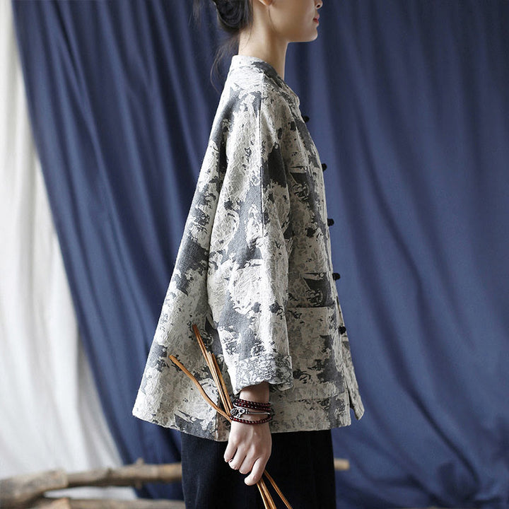 Buddha Stonesブラックグレープリント カエルボタンデザイン 長袖 コットンリネン ジャケット シャツ ポケット付き - image 3