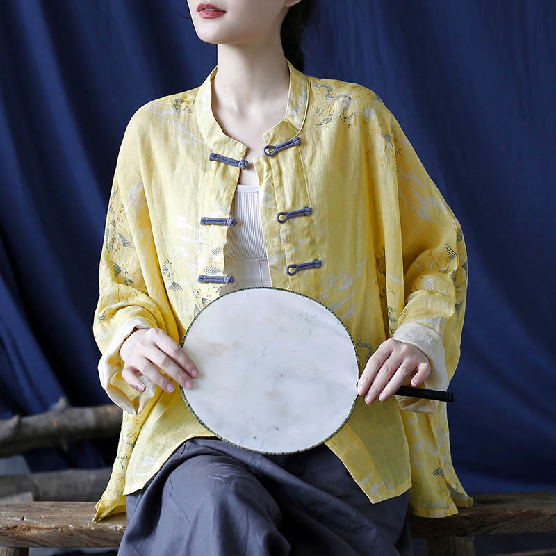 Buddha Stonesイエローフェニックスプリントカエルボタンデザイン長袖ラミーリネンジャケットシャツ - image 7