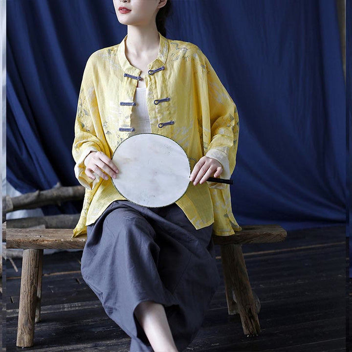 Buddha Stonesイエローフェニックスプリントカエルボタンデザイン長袖ラミーリネンジャケットシャツ - image 21