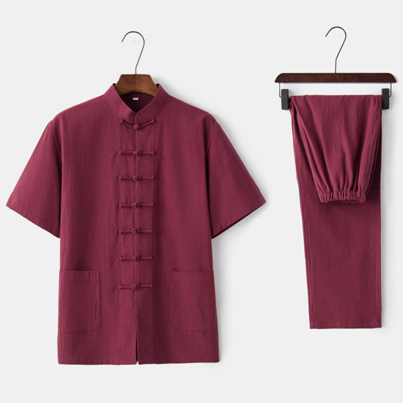 Buddha Stones無地 カエルボタン 唐装 伝統的 コットン リネン 半袖 トップス パンツ 衣類 メンズ セット - 赤(トップス&パンツ) - US/UK/AU44、 EU54 (4XL)  - image 9