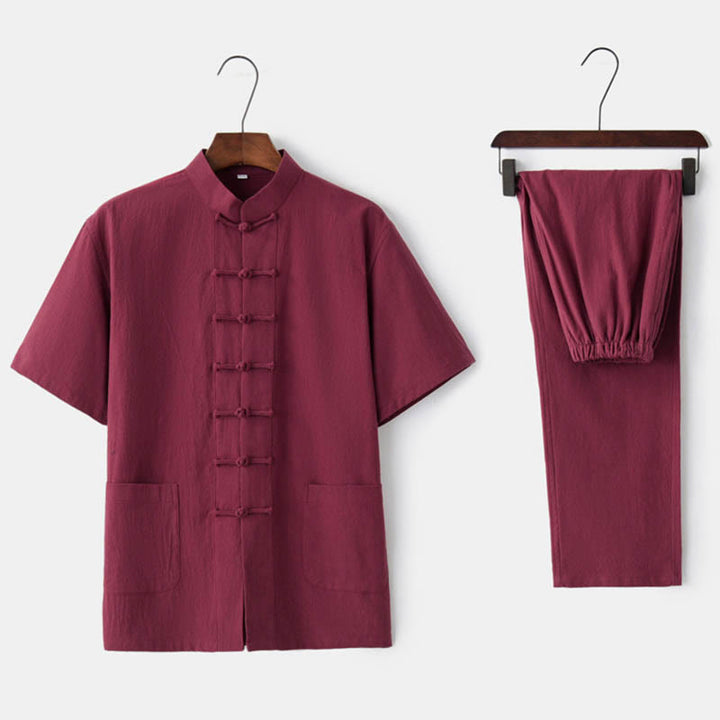 Buddha Stones無地 カエルボタン 唐装 伝統的 コットン リネン 半袖 トップス パンツ 衣類 メンズ セット - 赤(トップス&パンツ) - US/UK/AU44、 EU54 (4XL)  - image 9