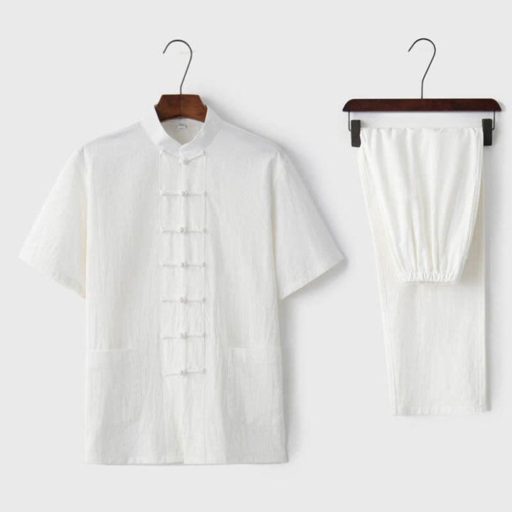 Buddha Stones無地 カエルボタン 唐装 伝統的 コットン リネン 半袖 トップス パンツ 衣類 メンズ セット - ホワイト(トップス&パンツ) - US/UK/AU44、 EU54 (4XL)  - image 5