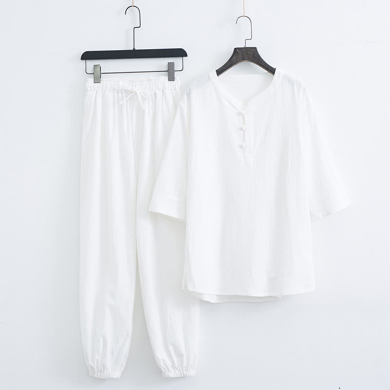 Buddha Stones無地 伝統的 コットン リネン 半袖 Tシャツ パンツ 衣類 メンズ セット - ホワイト(トップス&パンツ) - US/UK/AU44、 EU54 (4XL) - image 8