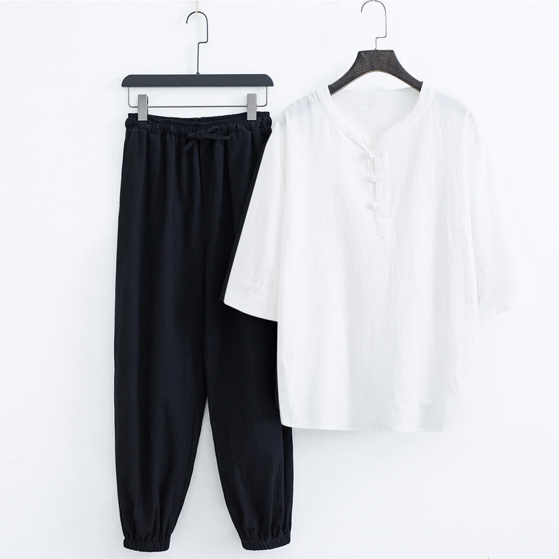 Buddha Stones無地 伝統的 コットン リネン 半袖 Tシャツ パンツ 衣類 メンズ セット - 白シャツ&黒パンツ(トップス&パンツ) - US/UK/AU44、 EU54 (4XL) - image 11