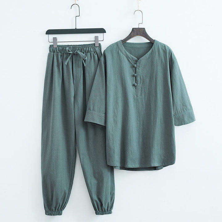 Buddha Stones無地 伝統的 コットン リネン 半袖 Tシャツ パンツ 衣類 メンズ セット - グリーン(トップス&パンツ) - US/UK/AU44、 EU54 (4XL) - image 0