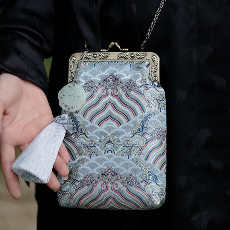 Buddha Stonesの小さな青い海の波メタルチェーンクロスボディバッグショルダーバッグ携帯電話バッグ