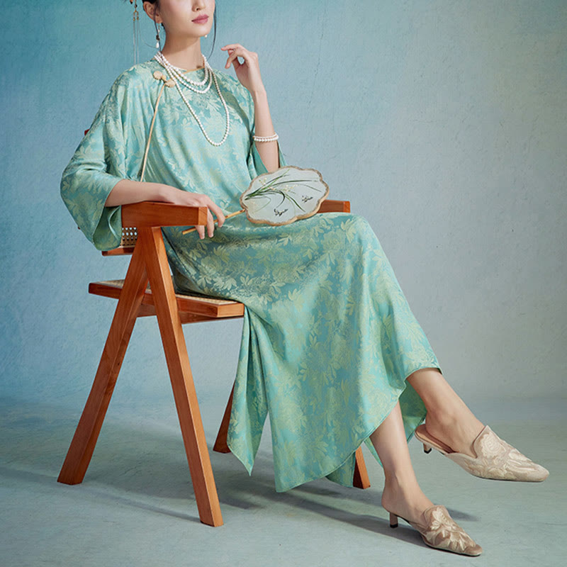 Buddha Stones小花葉ジャカード中国チャイナドレス チーパオ ミディドレス ポケット付き