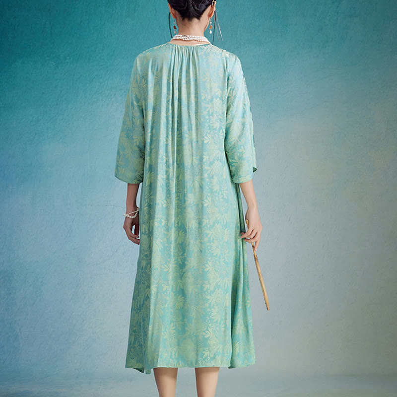 Buddha Stones小花葉ジャカード中国チャイナドレス チーパオ ミディドレス ポケット付き