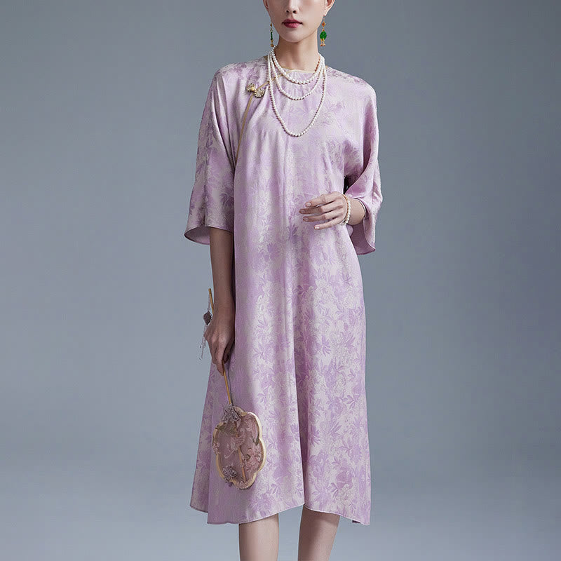 Buddha Stones小花葉ジャカード中国チャイナドレス チーパオ ミディドレス ポケット付き