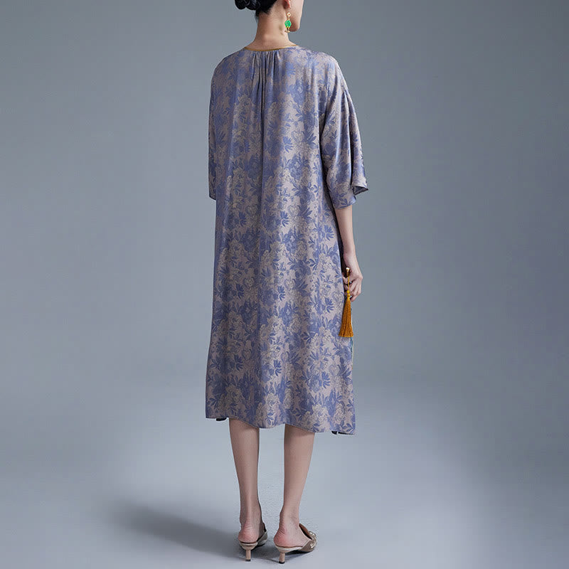 Buddha Stones小花葉ジャカード中国チャイナドレス チーパオ ミディドレス ポケット付き