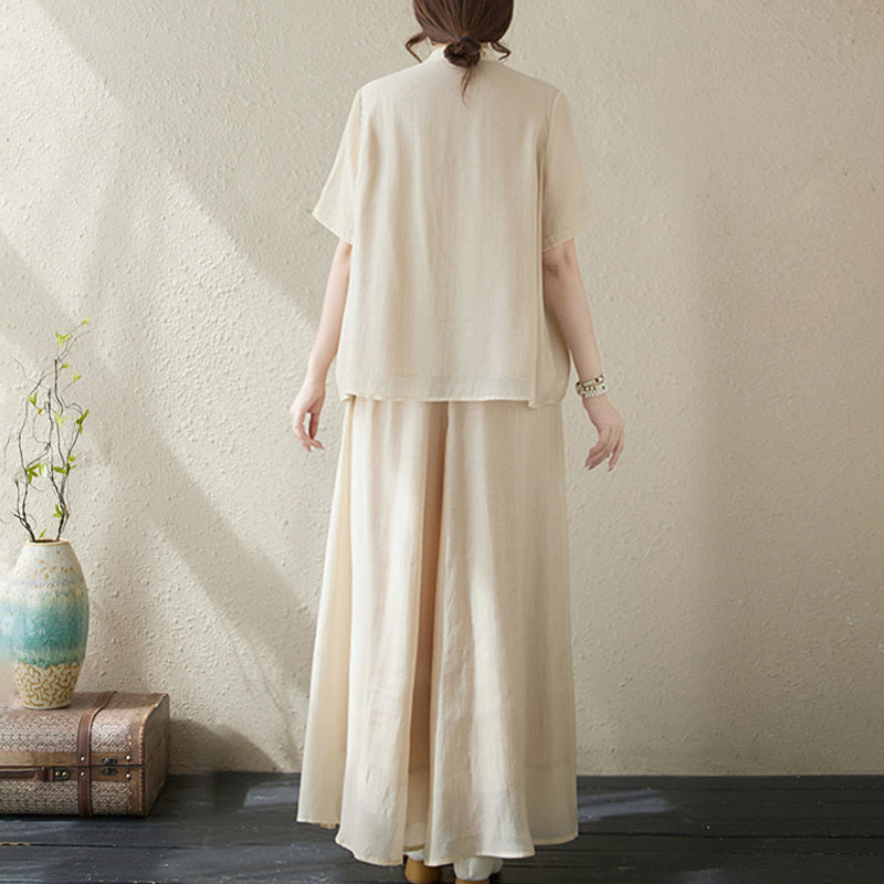 Buddha Stonesフラワー刺繍半袖Tシャツ ワイドレッグパンツ 2点セット