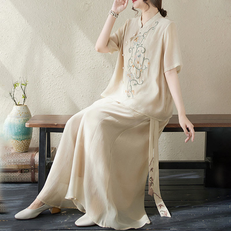 Buddha Stonesフラワー刺繍半袖Tシャツ ワイドレッグパンツ 2点セット