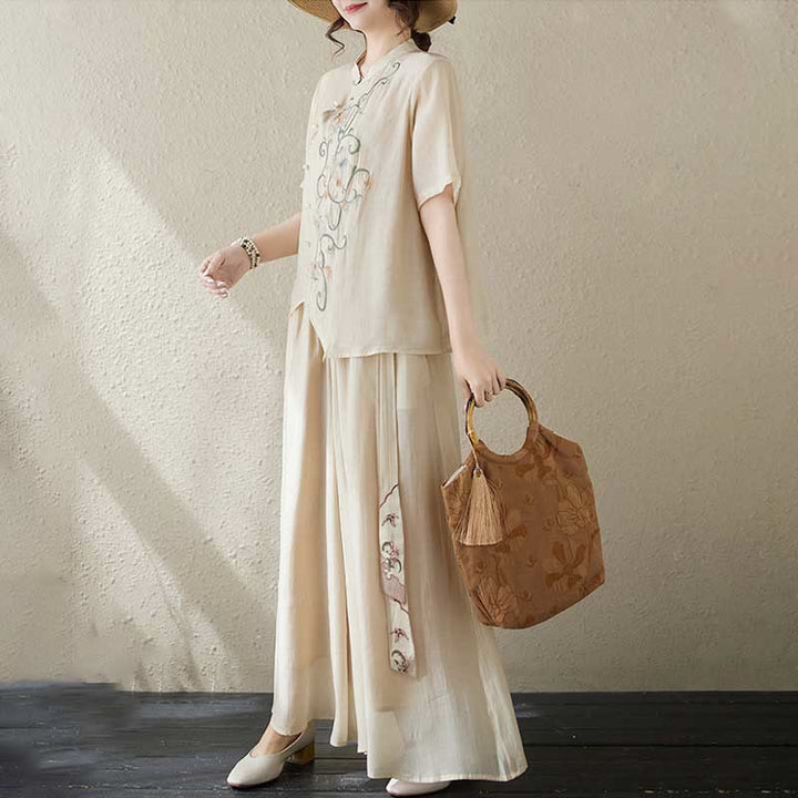 Buddha Stonesフラワー刺繍半袖Tシャツ ワイドレッグパンツ 2点セット