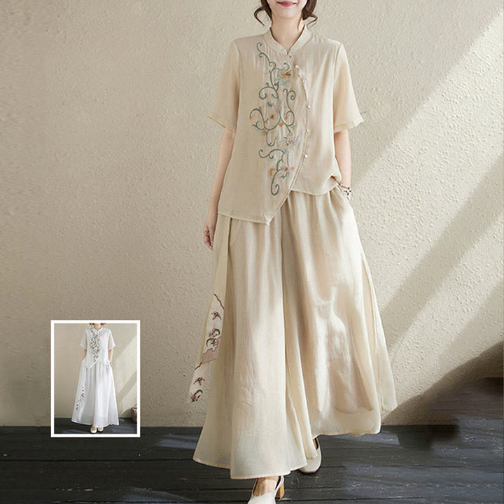 Buddha Stonesフラワー刺繍半袖Tシャツ ワイドレッグパンツ 2点セット