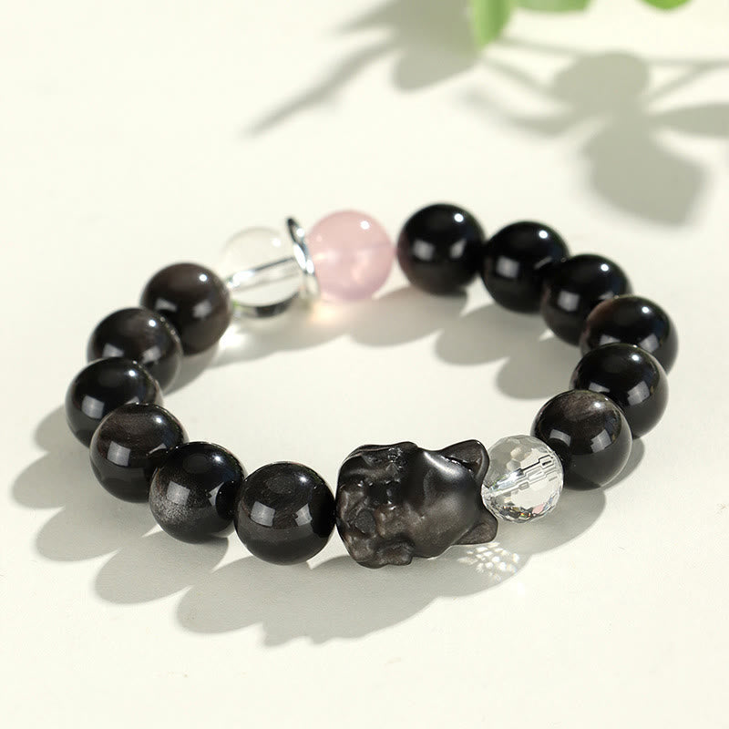 Buddha Stones天然銀光沢黒曜石 猫頭 キツネ 惑星守護ブレスレット - シルバーシーンオブシディアンフォックス(手首周り14~16.5cm) - image 6