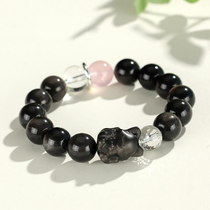 Buddha Stones天然銀光沢黒曜石 猫頭 キツネ 惑星守護ブレスレット - シルバーシーンオブシディアンフォックス(手首周り14~16.5cm) - image 6