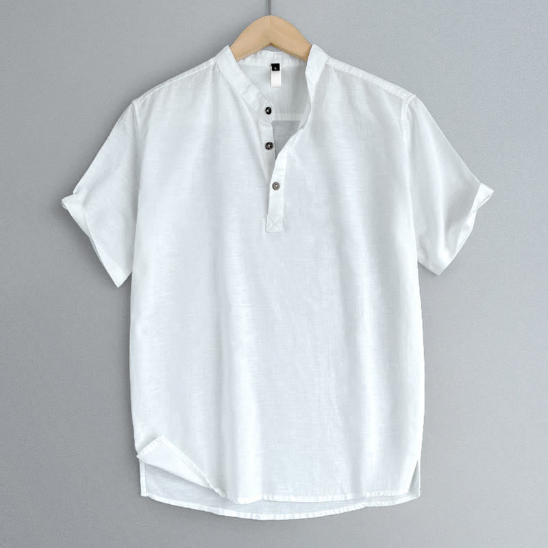 Buddha Stones無地 メンズ 半袖 ボタン リネン シャツ