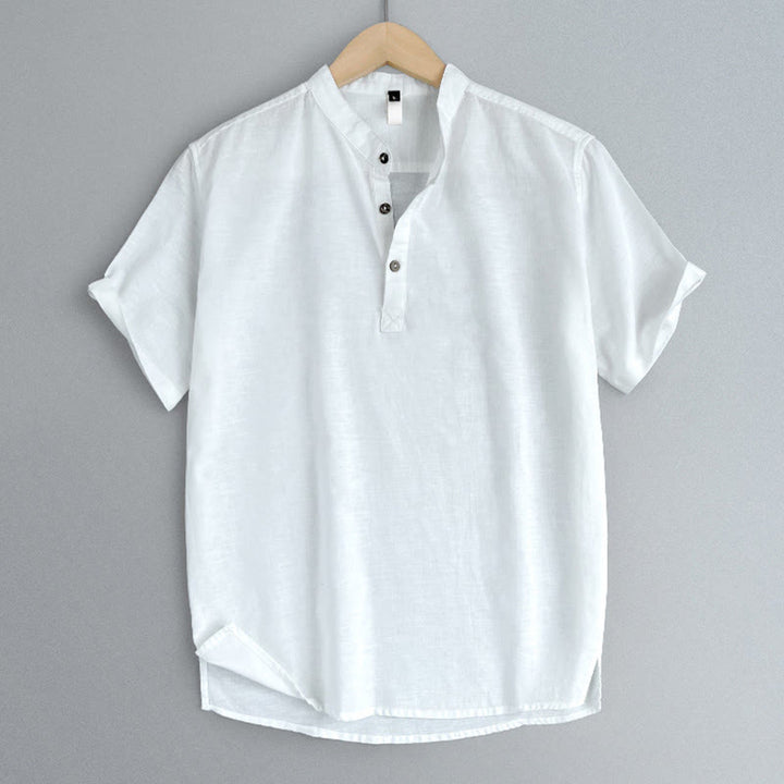 Buddha Stones無地 メンズ 半袖 ボタン リネン シャツ