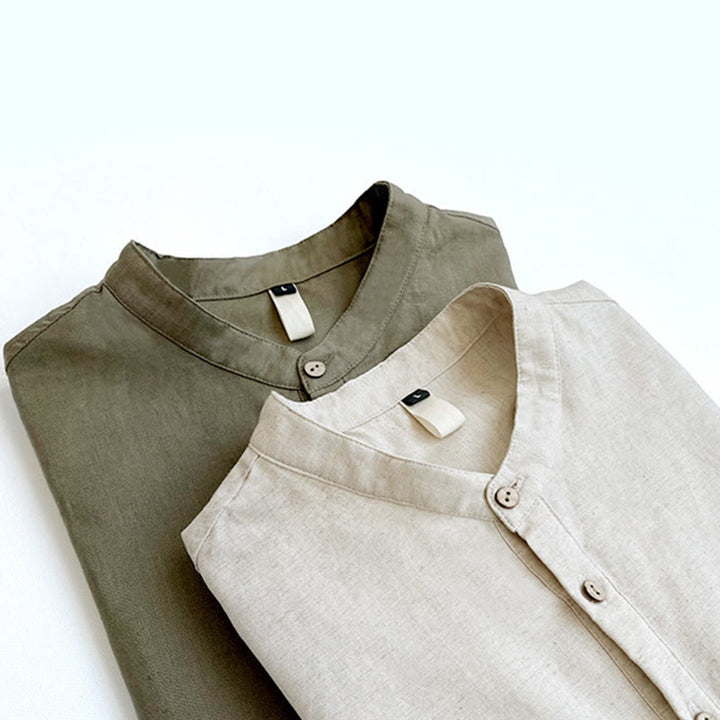 Buddha Stones無地 メンズ 半袖 ボタン リネン シャツ