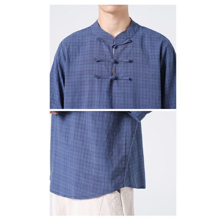 Buddha Stonesカエルボタン チェック柄 中国唐装 半袖シャツ コットンリネン メンズ服