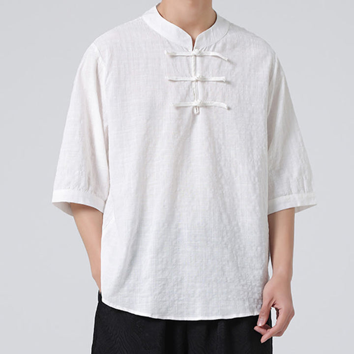 Buddha Stonesカエルボタン チェック柄 中国唐装 半袖シャツ コットンリネン メンズ服