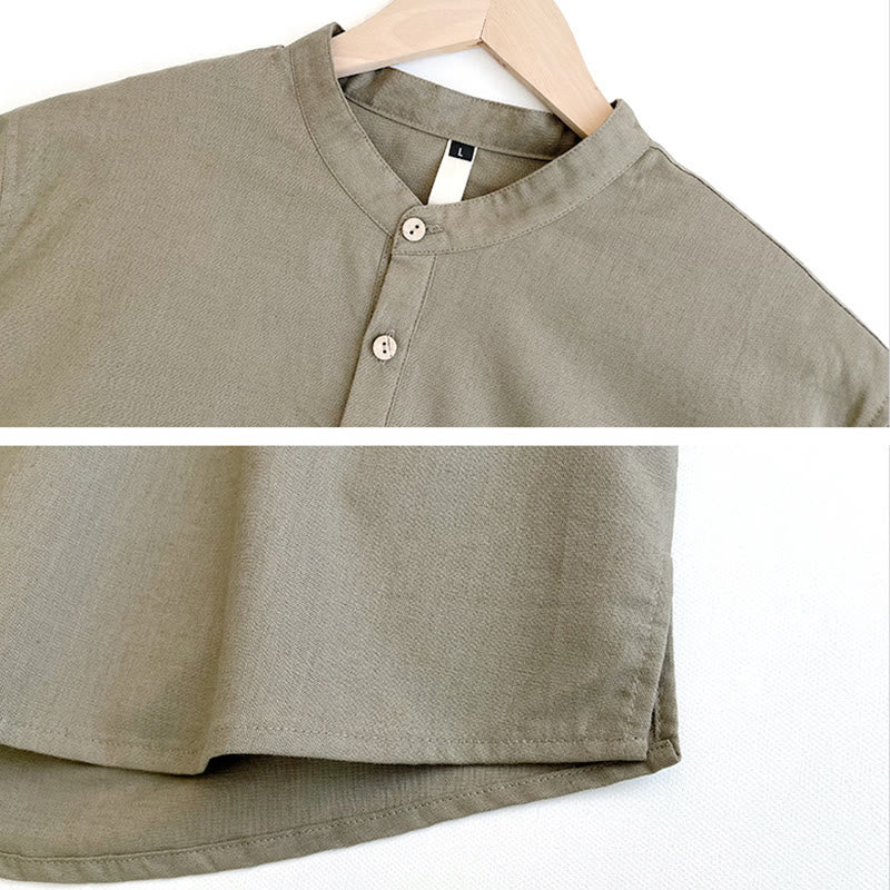 Buddha Stones無地 メンズ 半袖 ボタン リネン シャツ