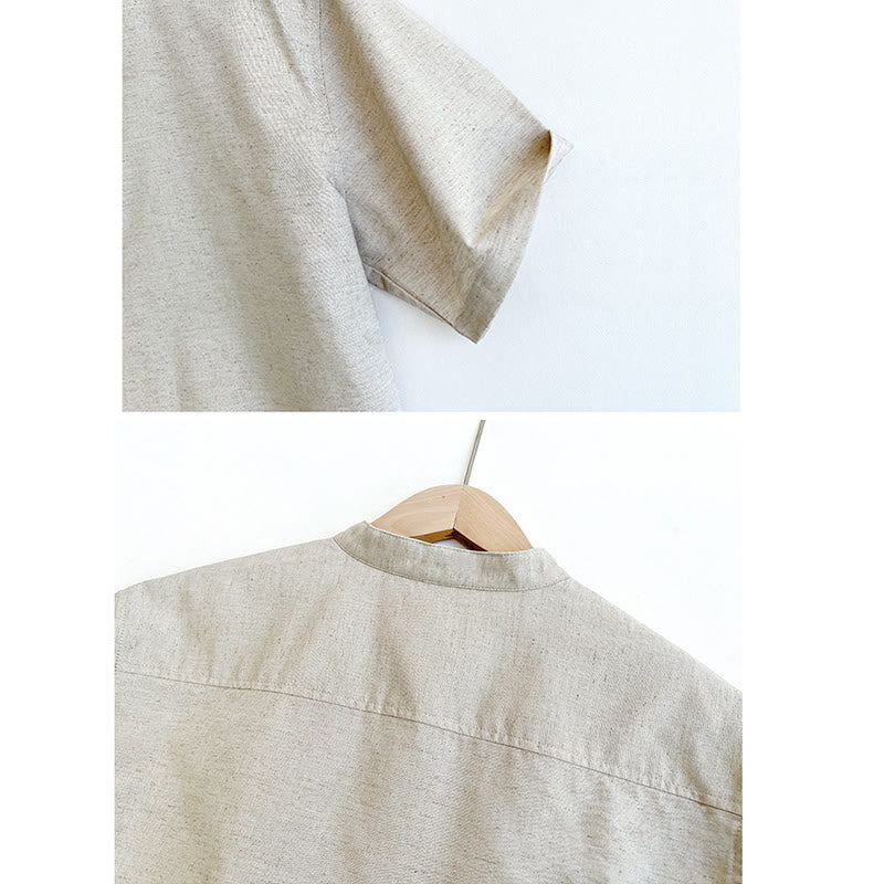 Buddha Stones無地 メンズ 半袖 ボタン リネン シャツ