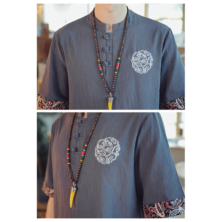 Buddha Stonesカエルボタン 龍刺繍 中国唐装 半袖シャツ リネン メンズ服 - image 9