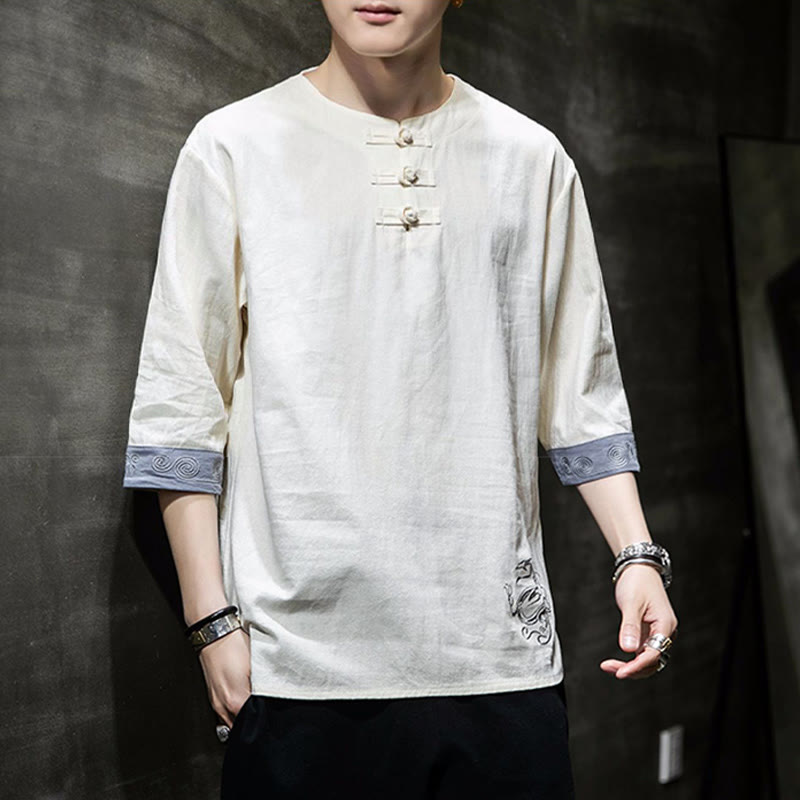 Buddha Stonesカエルボタン ドラゴン刺繍 中国唐装 七分袖シャツ コットンリネン メンズ服 - image 3