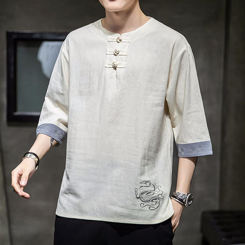 Buddha Stonesカエルボタン ドラゴン刺繍 中国唐装 七分袖シャツ コットンリネン メンズ服 - image 7