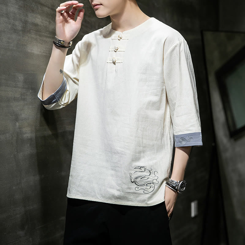 Buddha Stonesカエルボタン ドラゴン刺繍 中国唐装 七分袖シャツ コットンリネン メンズ服 - image 9