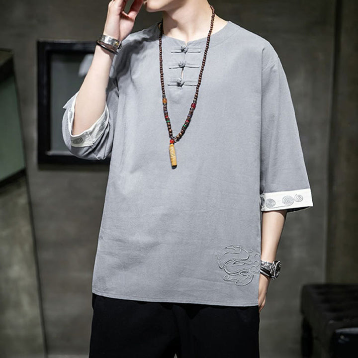 Buddha Stonesカエルボタン ドラゴン刺繍 中国唐装 七分袖シャツ コットンリネン メンズ服 - image 15