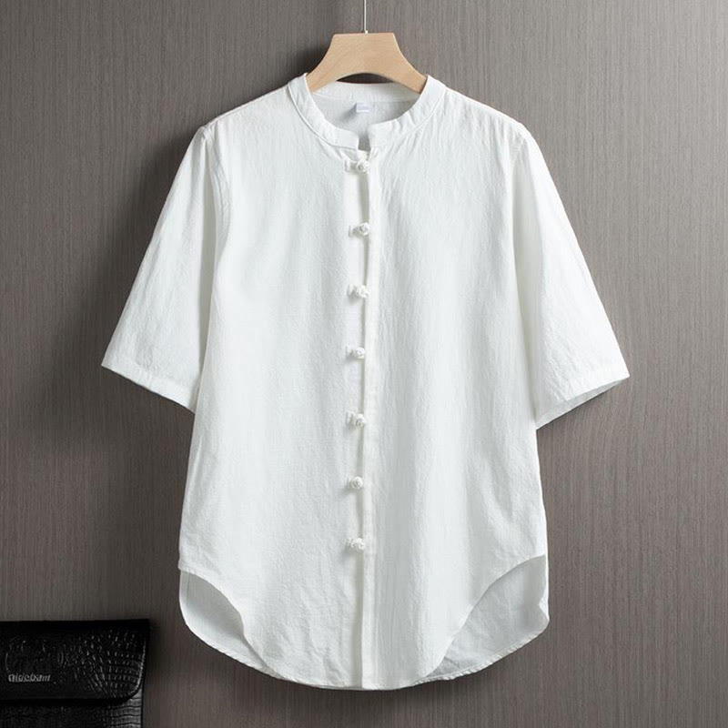 Buddha Stonesカエルボタン 無地 中国唐装 半袖シャツ コットンリネン メンズ服 - 白 - US/UK/AU46、 EU56 (5XL) - image 0