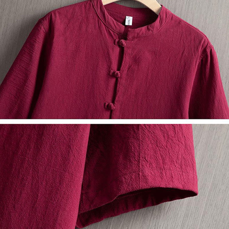 Buddha Stonesカエルボタン 無地 中国唐装 半袖シャツ コットンリネン メンズ服 - image 3