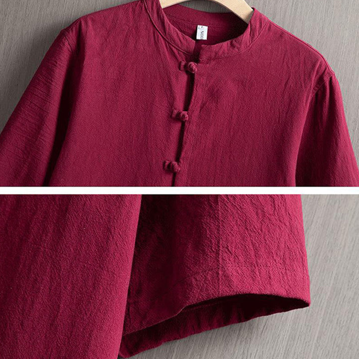 Buddha Stonesカエルボタン 無地 中国唐装 半袖シャツ コットンリネン メンズ服 - image 3