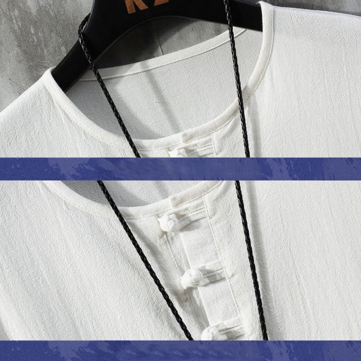 Buddha Stonesカエルボタン 無地 中国唐装 半袖シャツ リネン メンズ 服 - image 3