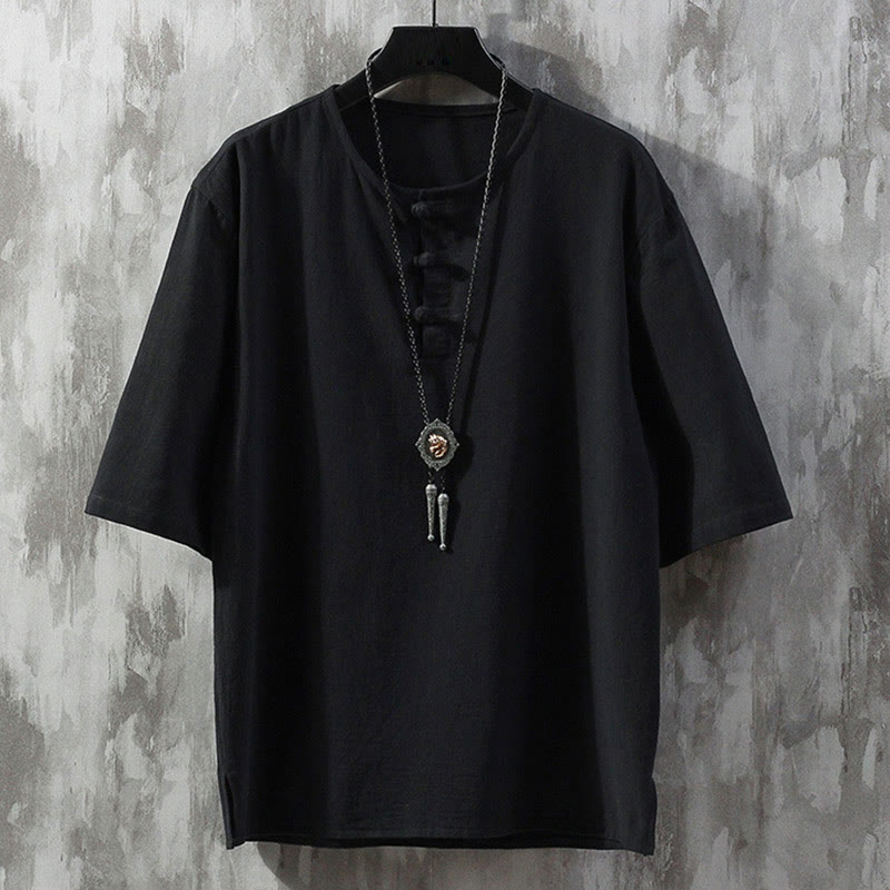 Buddha Stonesカエルボタン 無地 中国唐装 半袖シャツ リネン メンズ 服 - 黒 - US/UK/AU46、 EU56 (5XL)  - image 5