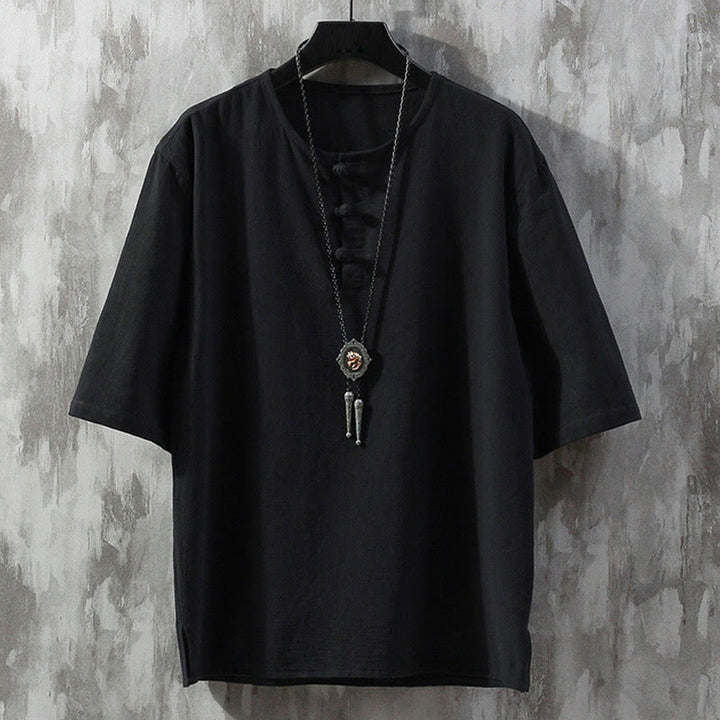 Buddha Stonesカエルボタン 無地 中国唐装 半袖シャツ リネン メンズ 服 - 黒 - US/UK/AU46、 EU56 (5XL)  - image 5