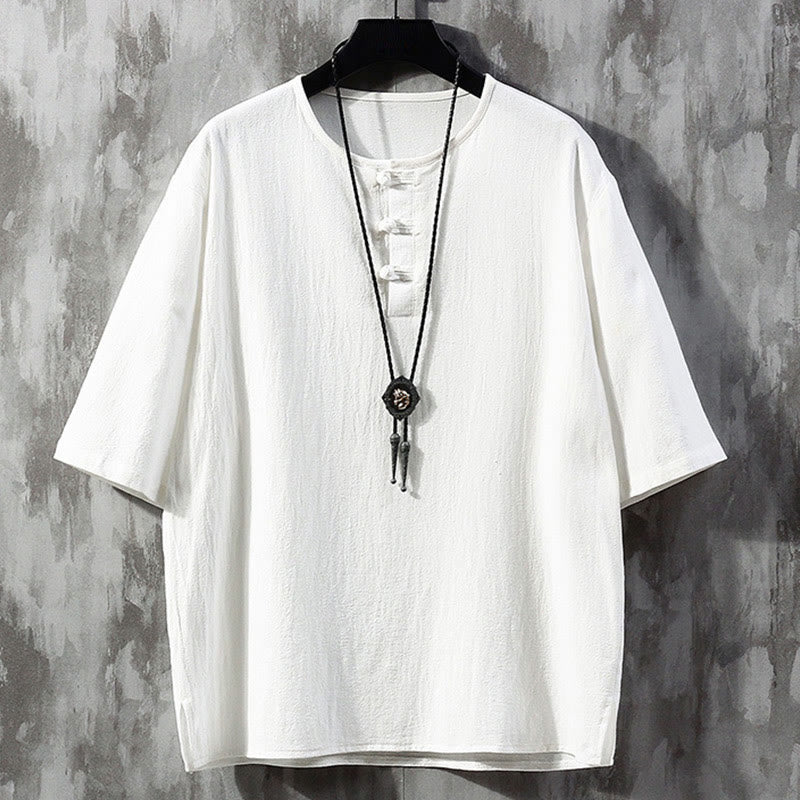 Buddha Stonesカエルボタン 無地 中国唐装 半袖シャツ リネン メンズ 服 - 白 - US/UK/AU46、 EU56 (5XL)  - image 2