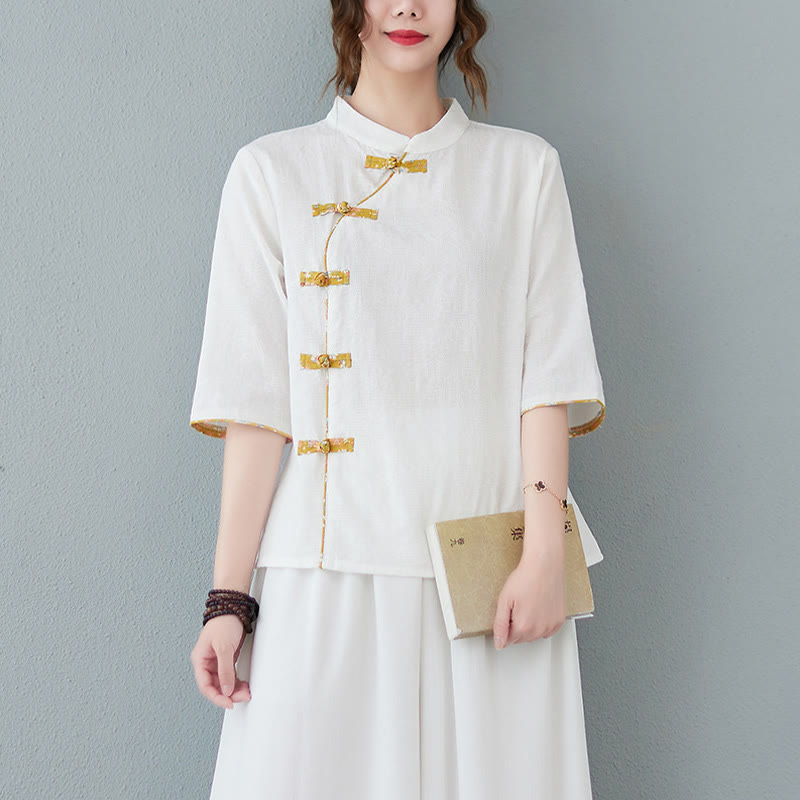 Buddha Stones柄フロッグボタン半袖コットンリネンシャツ - 白 - 2XL( US8-10、 UK/AU12-14、EU40-42に適合) - image 3