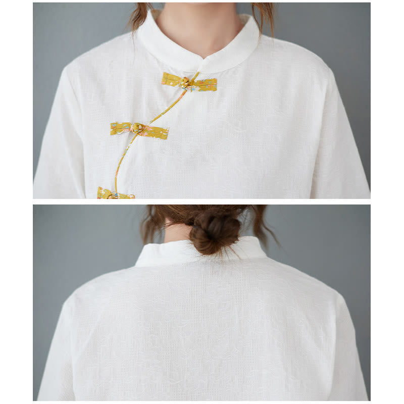 Buddha Stones柄フロッグボタン半袖コットンリネンシャツ - image 4