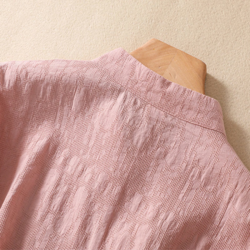 Buddha Stones梅刺繍カエルボタン半袖コットンリネンシャツ - image 4