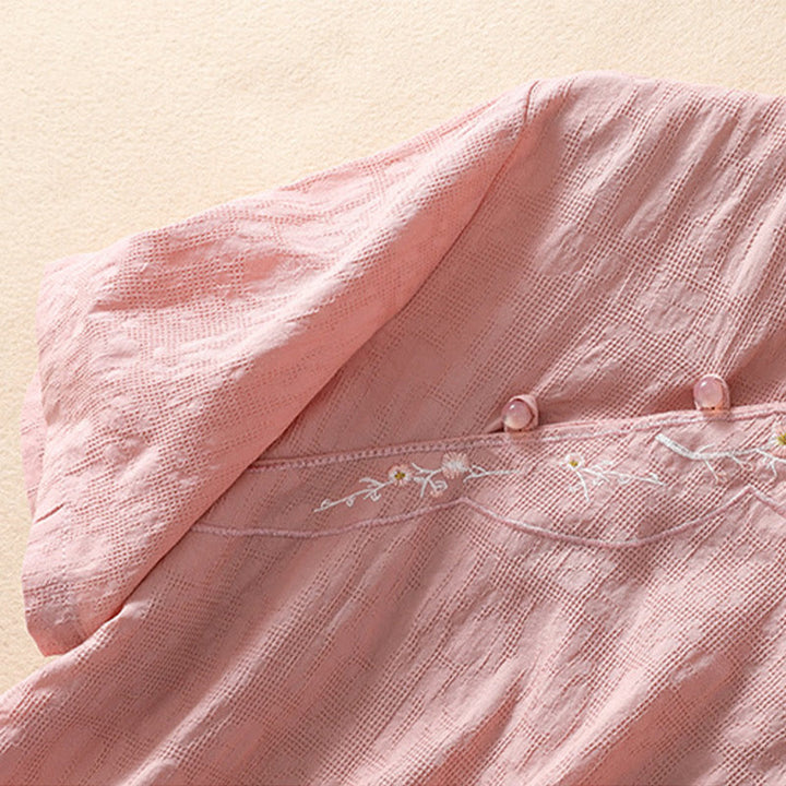 Buddha Stones梅刺繍カエルボタン半袖コットンリネンシャツ - image 5