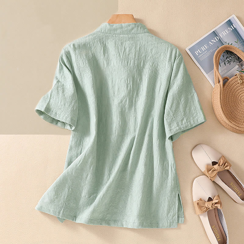 Buddha Stones梅刺繍カエルボタン半袖コットンリネンシャツ - image 13