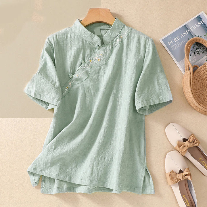 Buddha Stones梅刺繍カエルボタン半袖コットンリネンシャツ - 甘露 - 2XL( US8-10、 UK/AU12-14、EU40-42に適合) - image 12