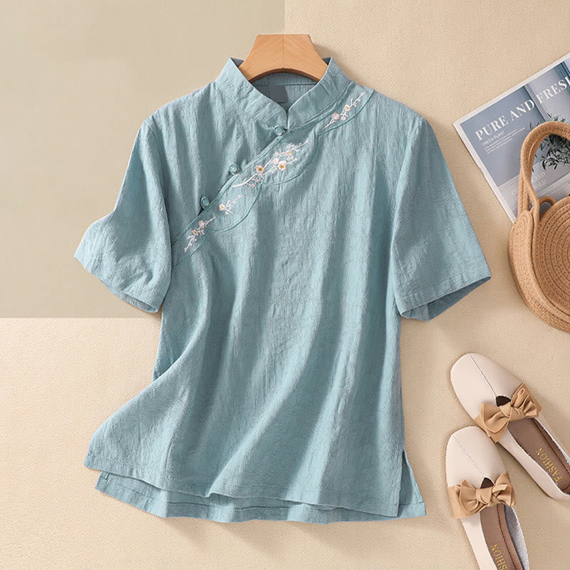 Buddha Stones梅刺繍カエルボタン半袖コットンリネンシャツ - ターコイズ - 2XL( US8-10、 UK/AU12-14、EU40-42に適合) - image 18