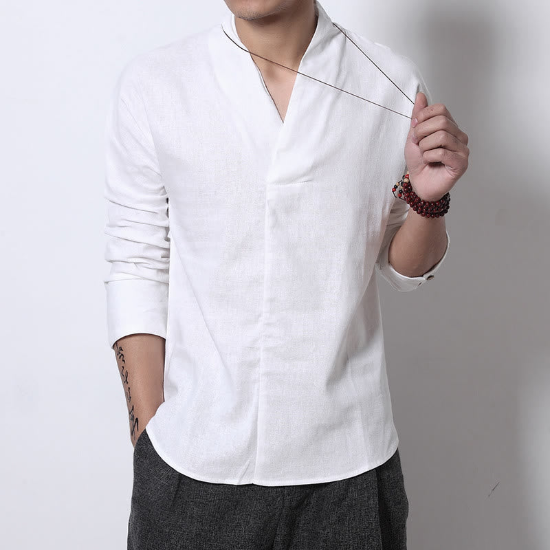 Buddha Stonesカジュアル Vネック 長袖シャツ リネン メンズ 服 - 白 - US/UK/AU46、 EU56 (5XL) - image 3