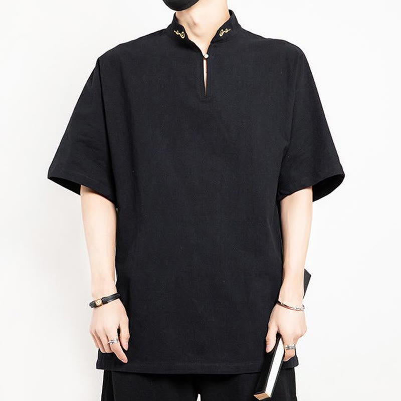 Buddha Stones中国唐装 刺繍 半袖シャツ リネン メンズ服