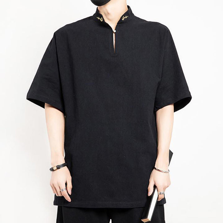 Buddha Stones中国唐装 刺繍 半袖シャツ リネン メンズ服