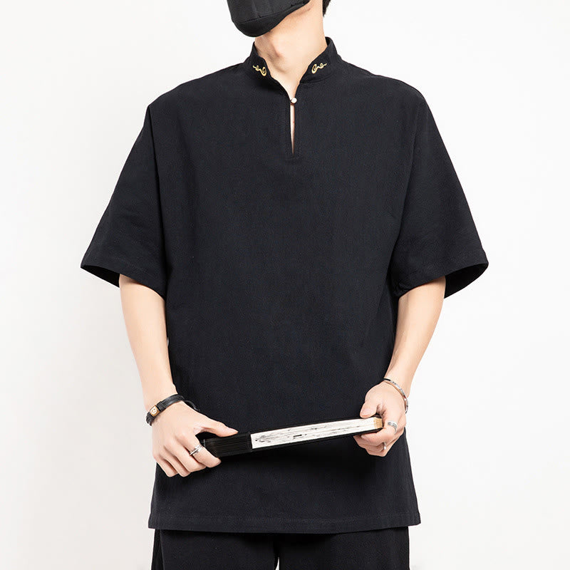 Buddha Stones中国唐装 刺繍 半袖シャツ リネン メンズ服